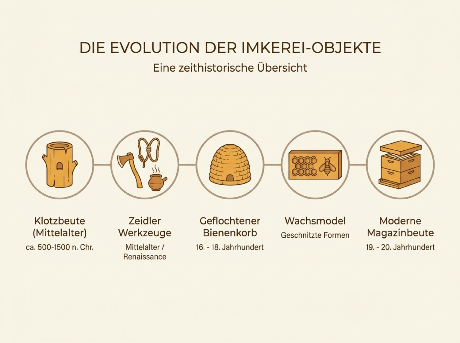 Zeitleiste historischer Imkerei-Objekte von der Klotzbeute bis zur modernen Bienenbeute