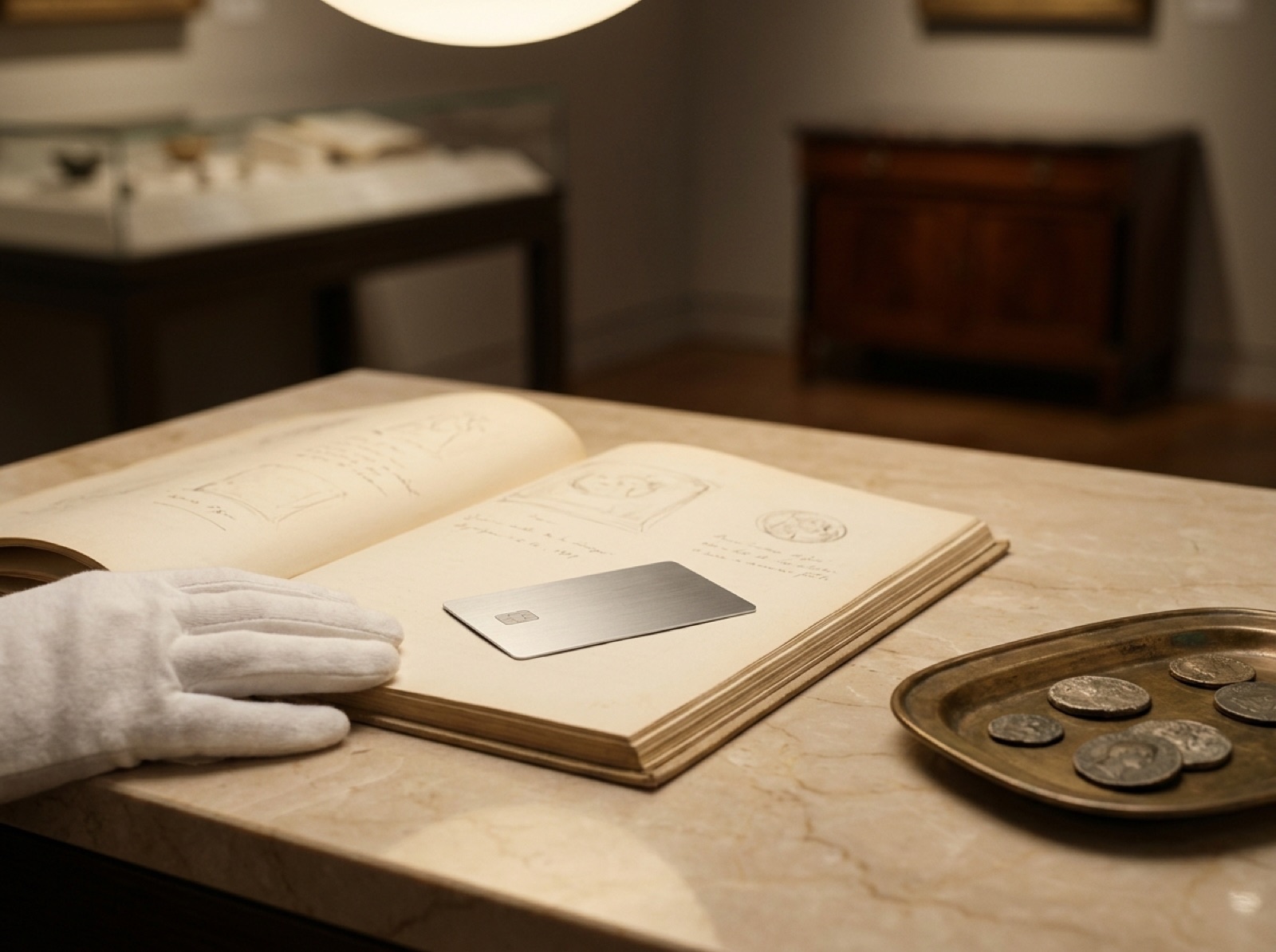 Museumsvitrine mit der kulturellen Entwicklung des Bezahlens von der Muschel über antike Münzen bis zur modernen Zahlungskarte