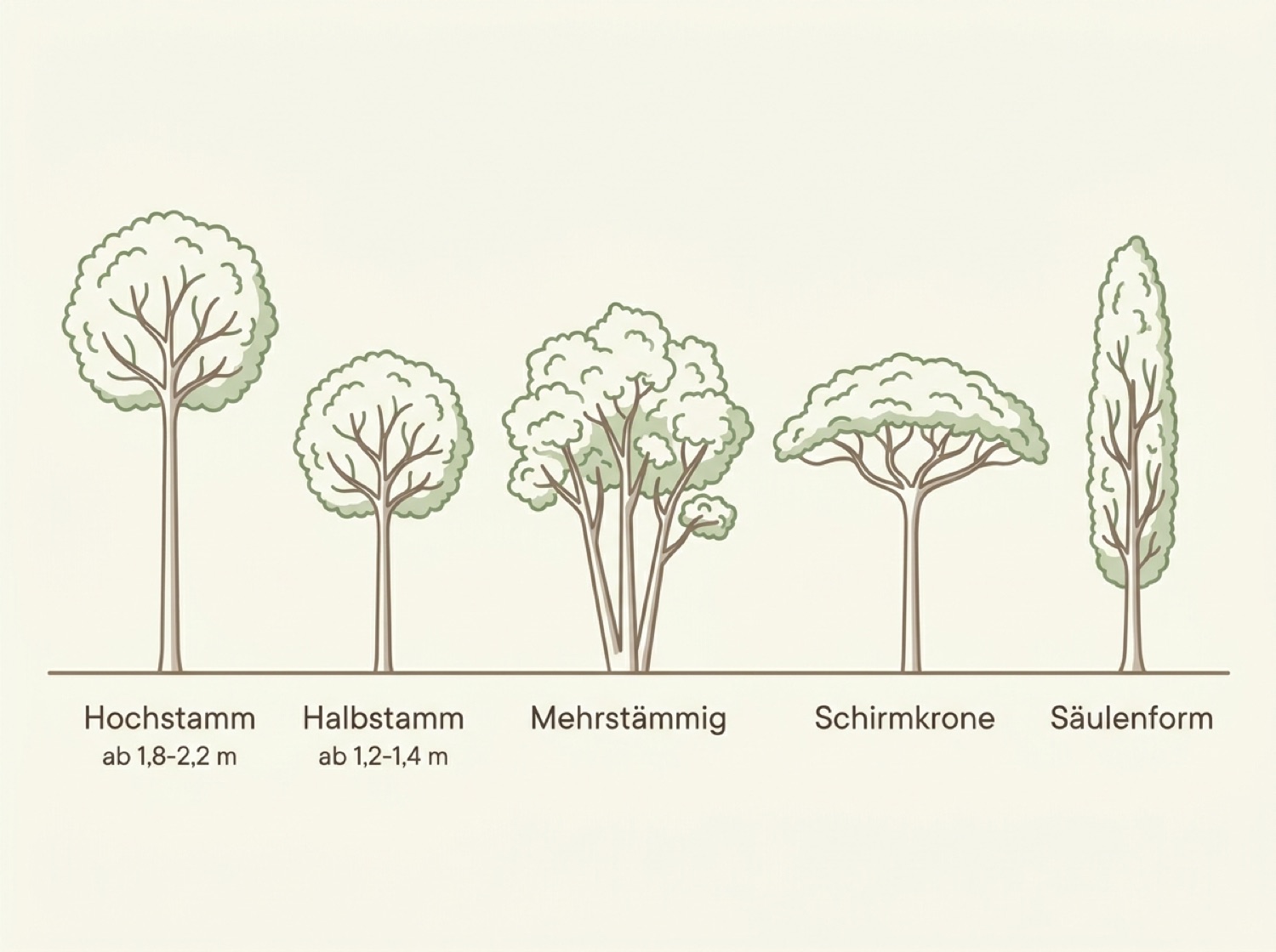 Infografik zu typischen Wuchsformen: Hochstamm, Halbstamm, mehrstämmig und Schirmkrone im Vergleich mit Kronenansatz-Höhen