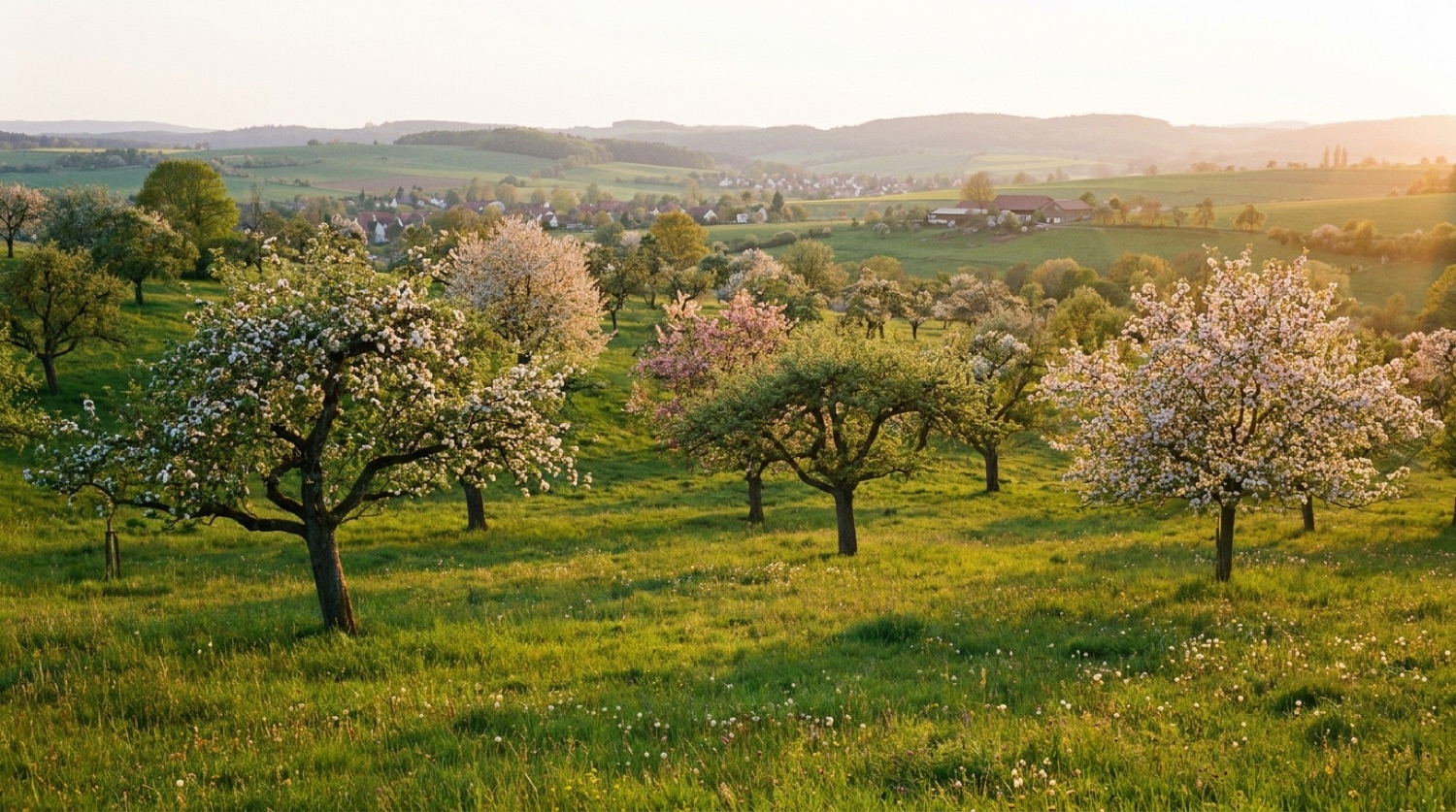 Weitläufige Streuobstwiese mit knorrigen Halbstamm-Obstbäumen, Wiese und Frühlingsblüte im warmen Abendlicht