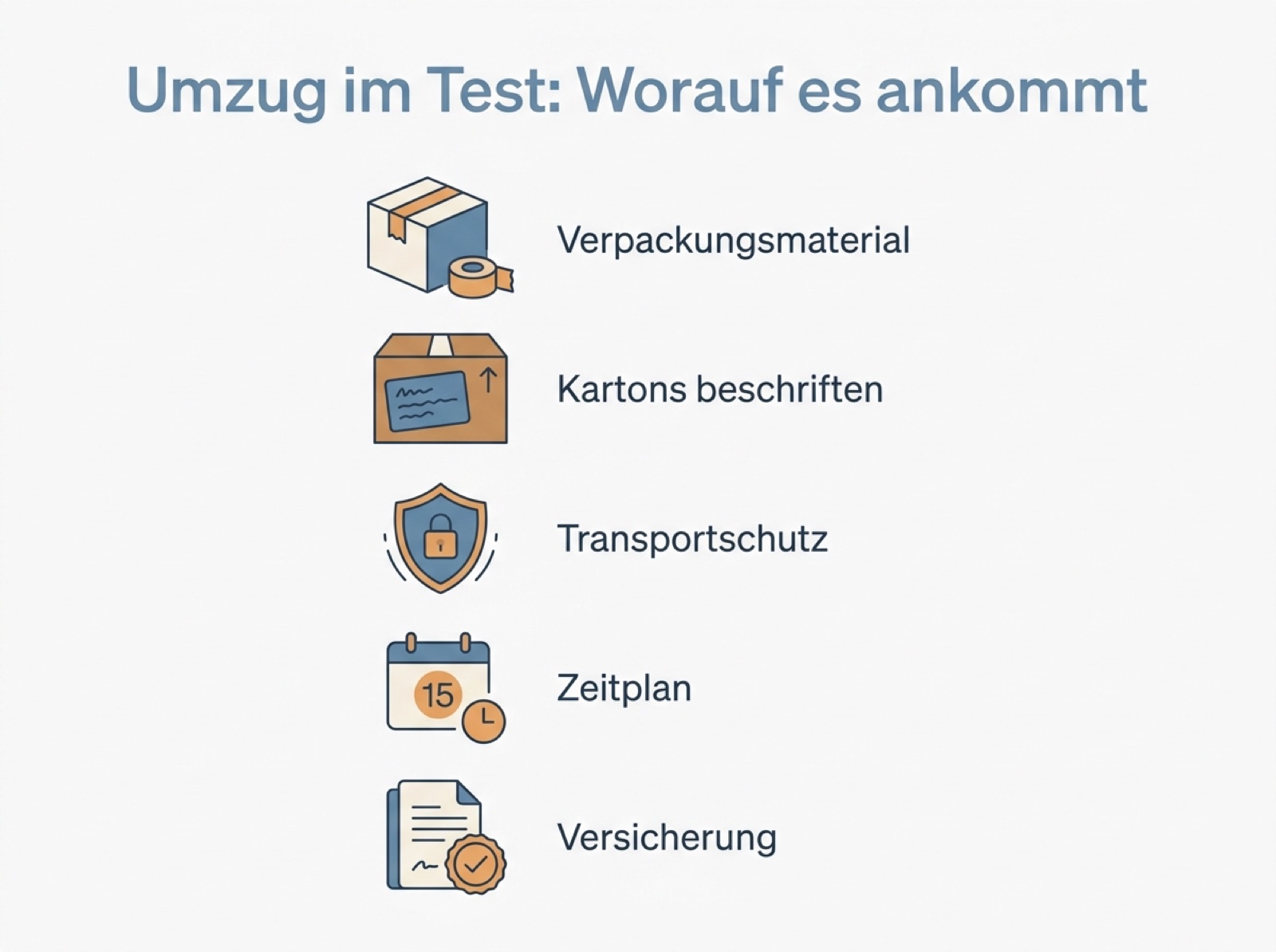 Übersicht der wichtigsten Prüfpunkte beim Umzug: Verpackungsmaterial, Kartons beschriften, Transportschutz, Zeitplan und Versicherung