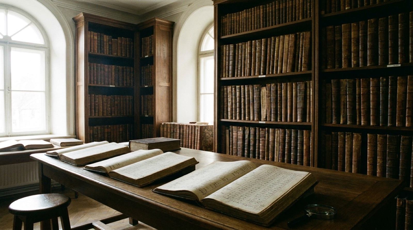 Historisches Archiv mit ledergebundenen Geschäfts- und Schuldbüchern, ein Band aufgeschlagen mit handschriftlichen Zahlenspalten